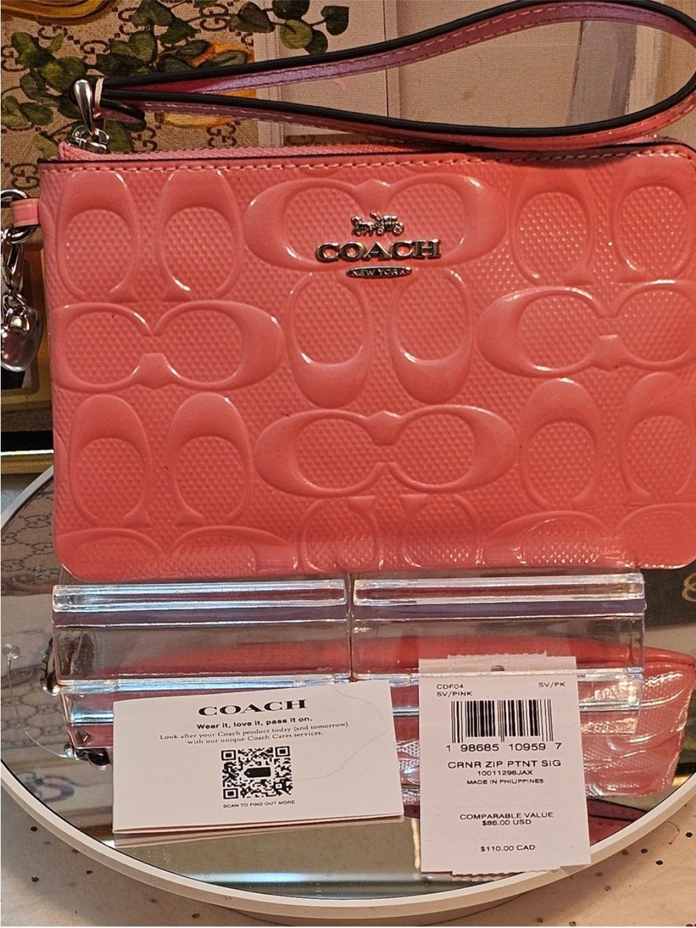 Coach coral Pink Patent Wristlet with Embossed Signature